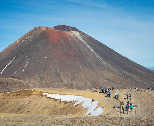Tourists walking on the Tongariro Alpine Crossing with Mount Ngauruhoe in the background, Tongariro National Park, New Zealand