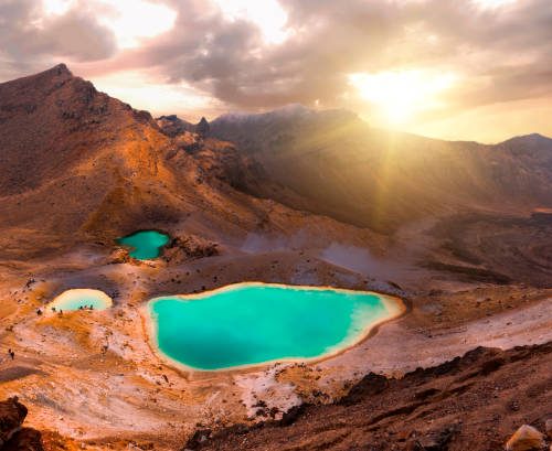 View at beautiful sunrise over Emerald lakes on Tongariro Crossing track, Tongariro National Park, New Zealand