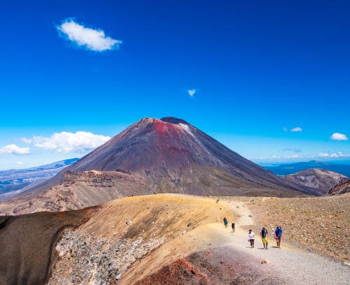 New Zealand, North Island, A group of people trekking in Beautiful Landscape of Tongariro Crossing track on a beautiful day..